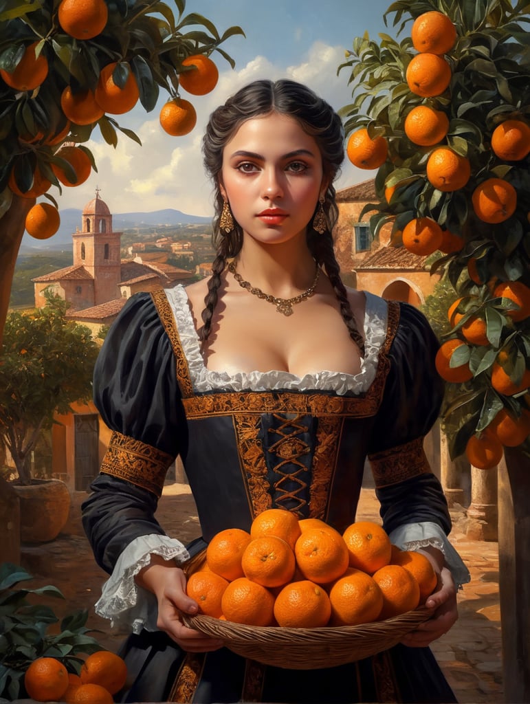 Portrait of a young, dark and beautiful Italian girl growing oranges from Sicily in 17th century Italian folk dress, dramatic lighting, depth of field, orange trees in the background. Oranges should have a beautiful, even structure. Incredibly high detail holding fresh oranges in hand