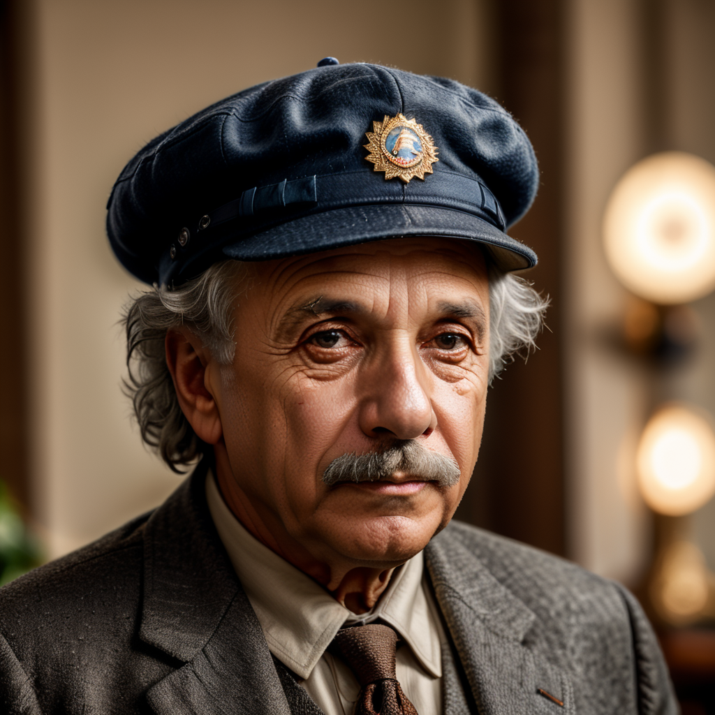 Portrait of Albert Einstein with a cap, elegant, highly detailed, vogue, sharp focus, depth of field, high detailed, blurred background