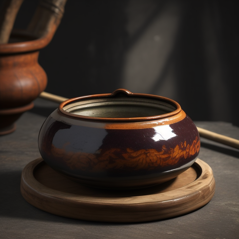 ancient small clay and glazed Chinese pot, deep atmosphere, realistic photo