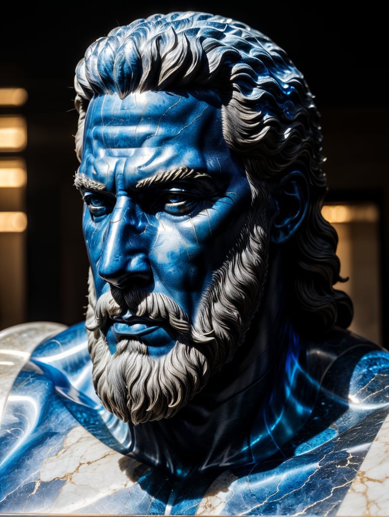 Translucent marble statue of a zeus, made from black matte stone, cracks are ultra blue translucent liquid