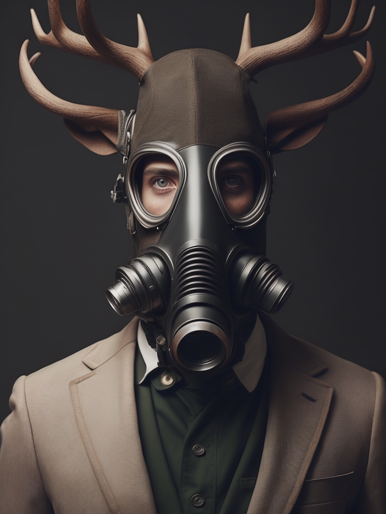 suit wearing people wearing gasmask and 12-point stag deer antlers protruding from the head : the mouth of the gas mask face is connecting to a respirator hose, postmodernist government archive portrait stanley kubrik wes anderson