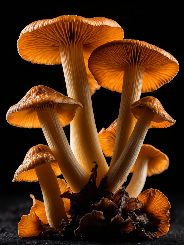 Macro photo of a black chanterelle mushroom, isolated, black background