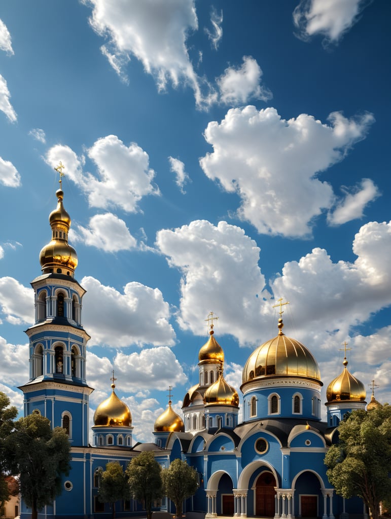 monumental orthodox church, high quality photo, delicate gold detailing, beautiful blue sky, golden dome