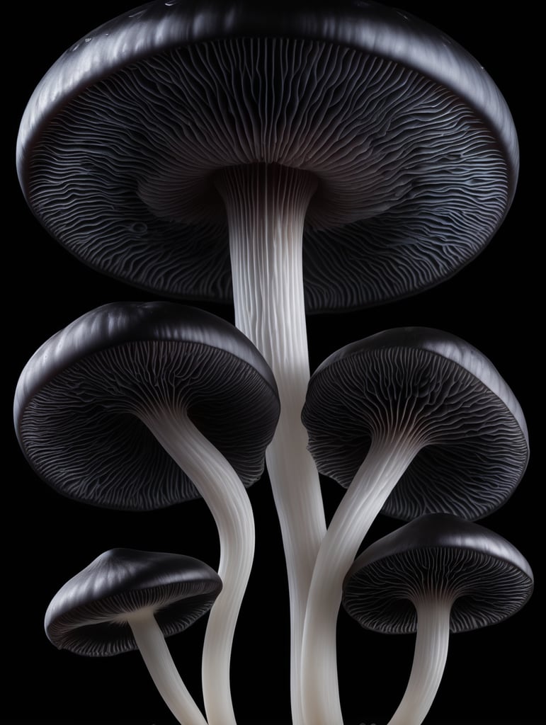 Macro photo of a black translucent alien mushroom, isolated, black background