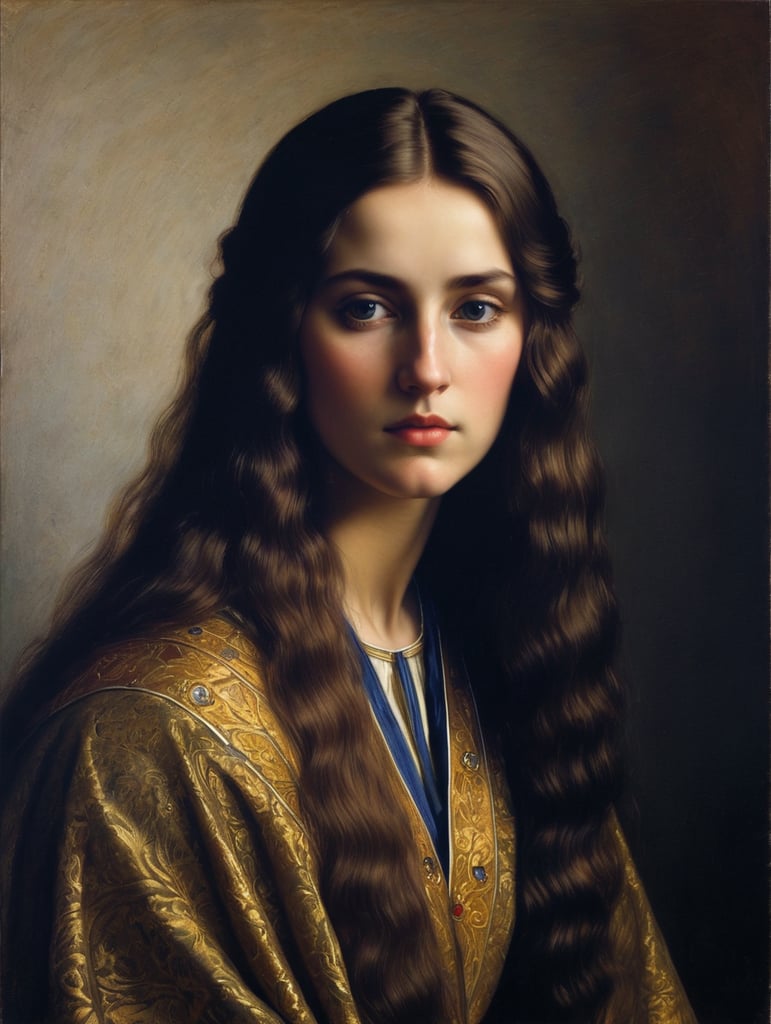 A masterpiece portrait by John Everet Millais of a beautiful saint woman, straight hair