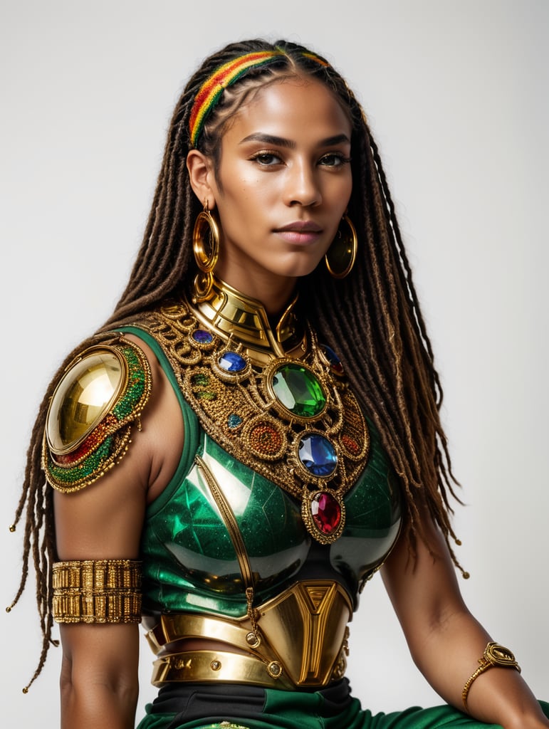 a futuristic rasta woman, with marble skin, wearing rasta colored sneakers, she is wearing a rasta outfit, huge gold and diamond crusted hoop earrings, she is sitting on a white background