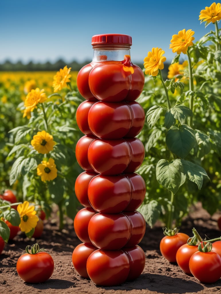 several red tomatoes stacked together forming a ketchup bottle with some leaves around it, beautiful tomato plantation in the background and a blue sky, short grass and yellow flower, creamy light, ambient lighting, beautiful colors