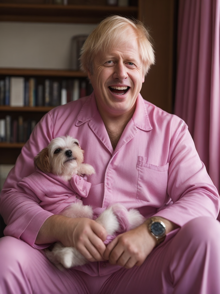 Boris Johnson in pink pajamas laughing, holding one cute little dog in his hands, bright and saturated colors, detailed portrait, realistic style