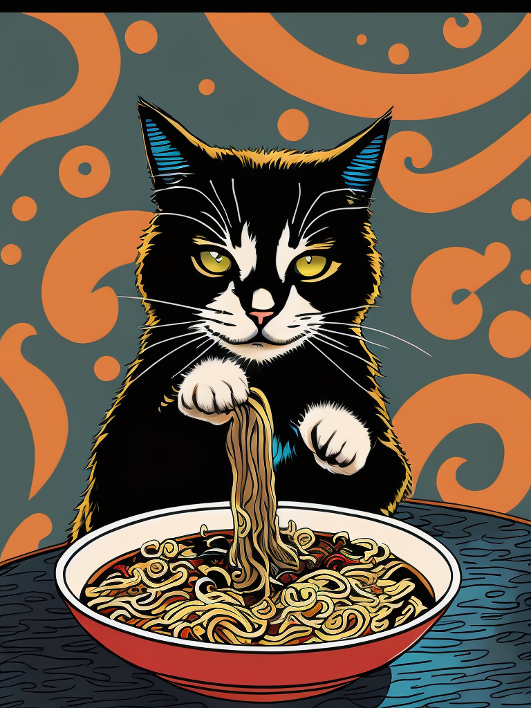 Cat eating ramen, trippy colors, cartoon style, comic style, manga style