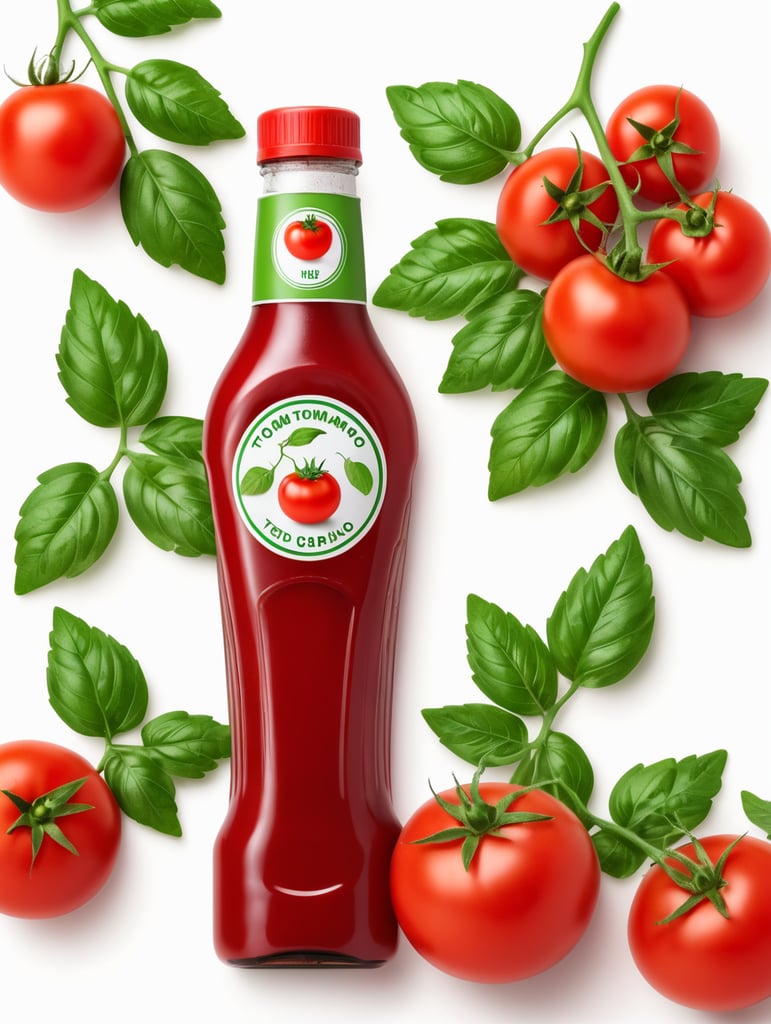 tomato ketchup bottle, red tomato with green leaves, isolated, white background