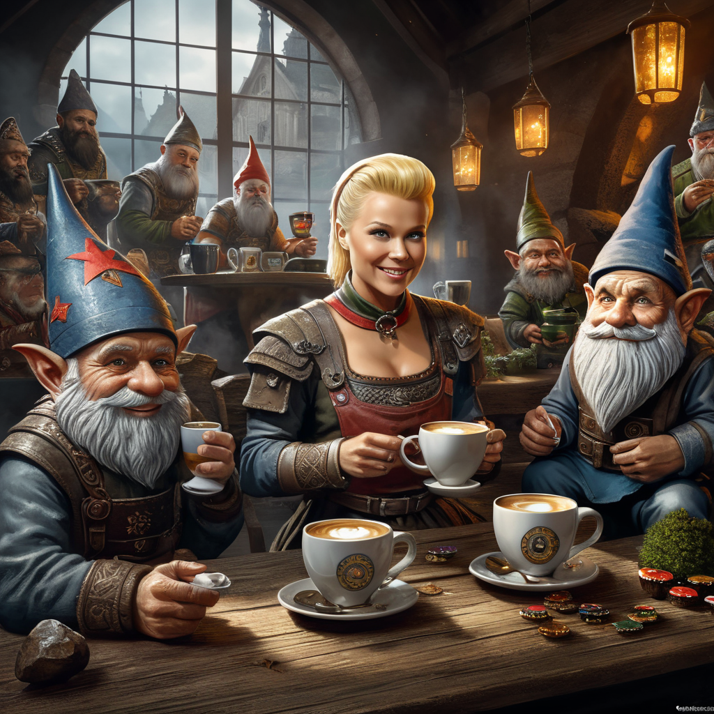 Xuxa com xicara de café na alemanha acompanhada de gnomos