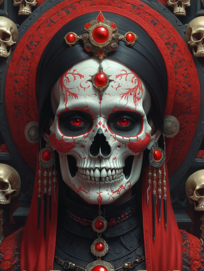 skull champion art portrait by casey weldon, red and black color palette, olga kvasha, miho hirano, hyperdetailed intricately detailed gothic art trending on artstation triadic colors unreal engine 5 detailed matte painting, deep color, fantastical, intricate detail, splash screen, complementary colors, fantasy concept art, 8k resolution, gothic deviantart masterpiece