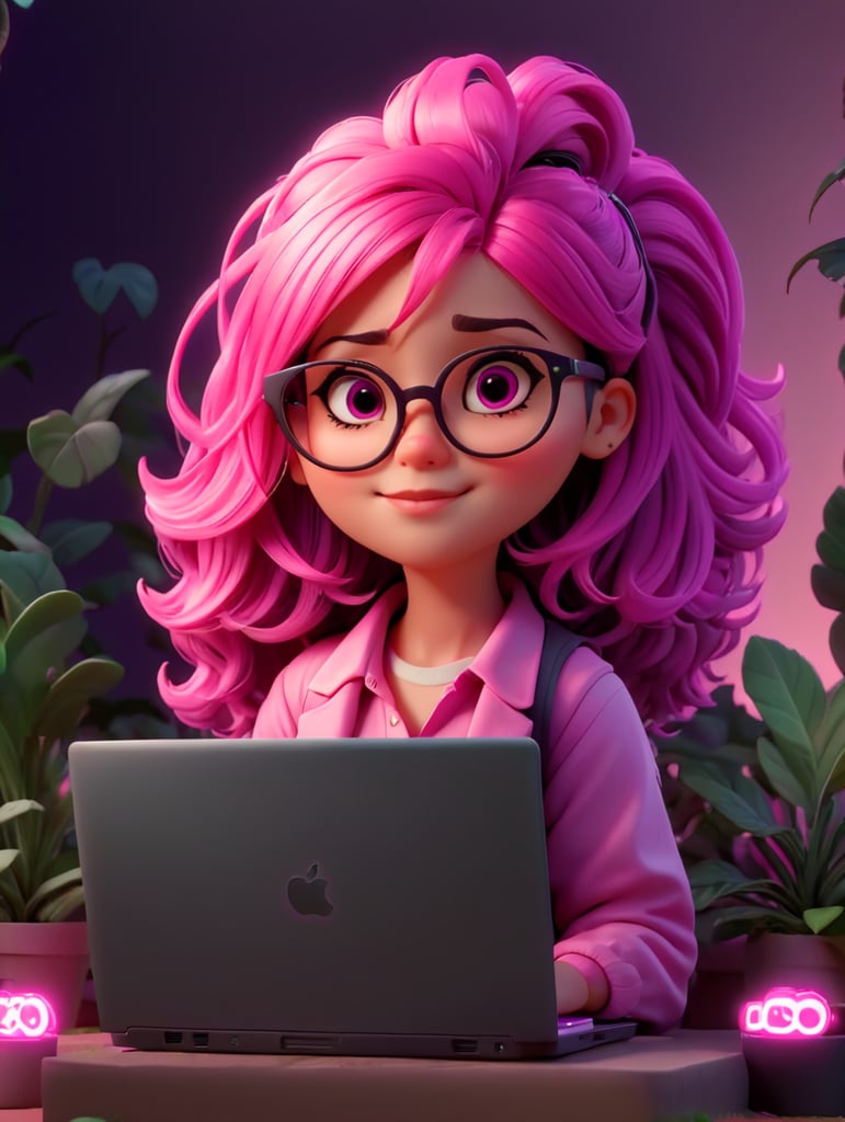 A young cool girl with glasses pink scene a laptop with a no brand. make the hair pink and violet, more neon style and more plants in the background
