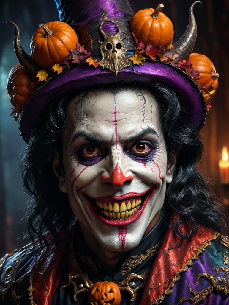 Old Michael Jackson as a creepy evil character wearing spooky Halloween costume, evil smile, creepy nose, Vivid saturated colors, Contrast color