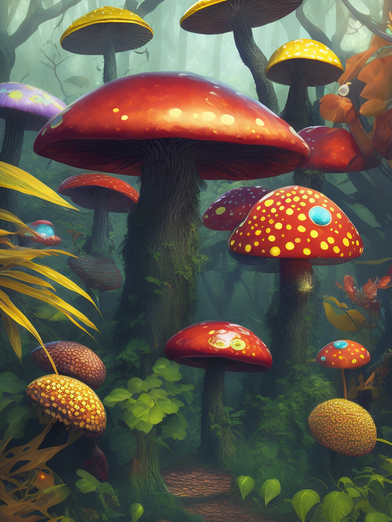 nature, high resolution, very detailed, crowded aliens, weird plants , unrealistic trees, trippy, big colored and translucent mushrooms, glowing mushroom, hallucination, bright colors, surrealism