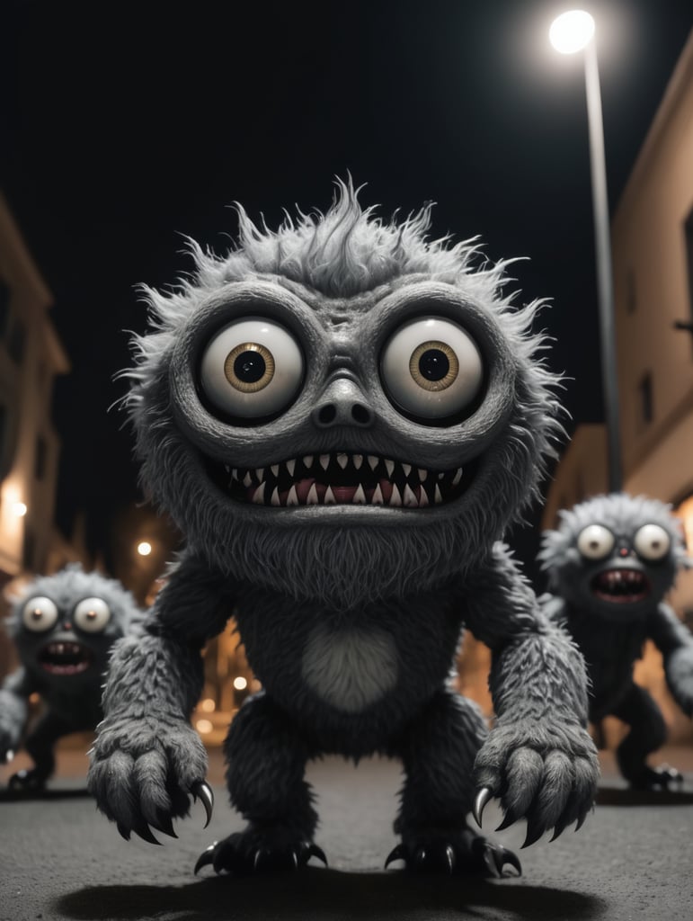 very cute, realistic grey monster whit many eyes standing in background complete black, unsettling, wide angle, night time, shot on Leica