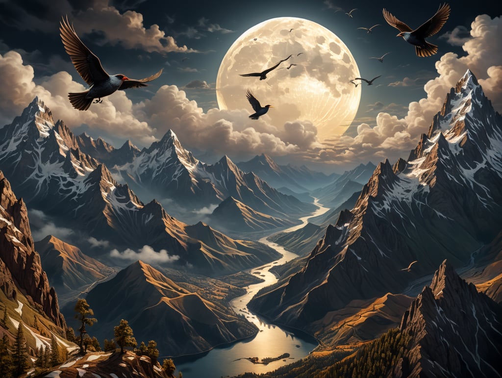birds in flight over mountain range, moon and clouds in papercut style