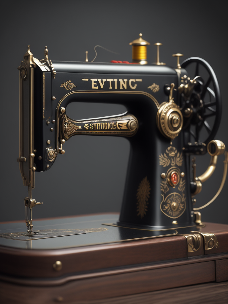 Vintage sewing machine, sharp focus, highly detailed, Dark gradient background, Muted colors