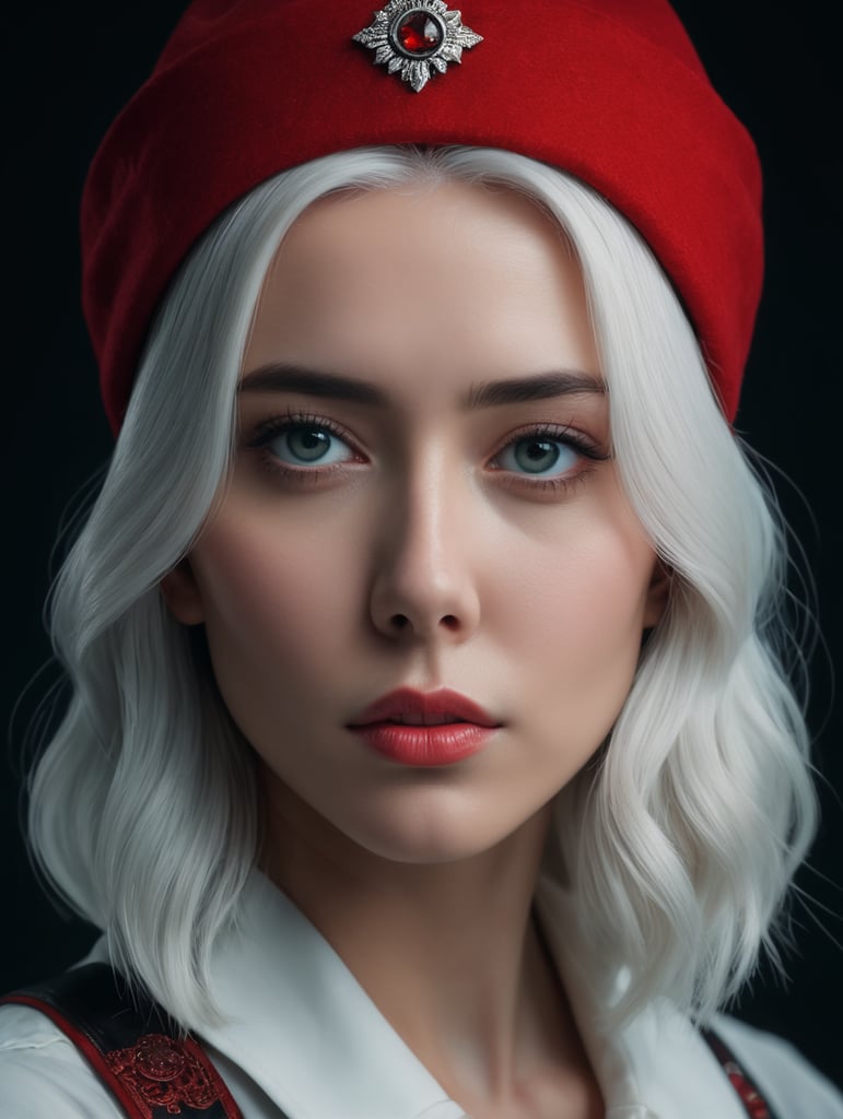 a young women with white hair and red hat on his head is wearing a white lacket, isolated, white background