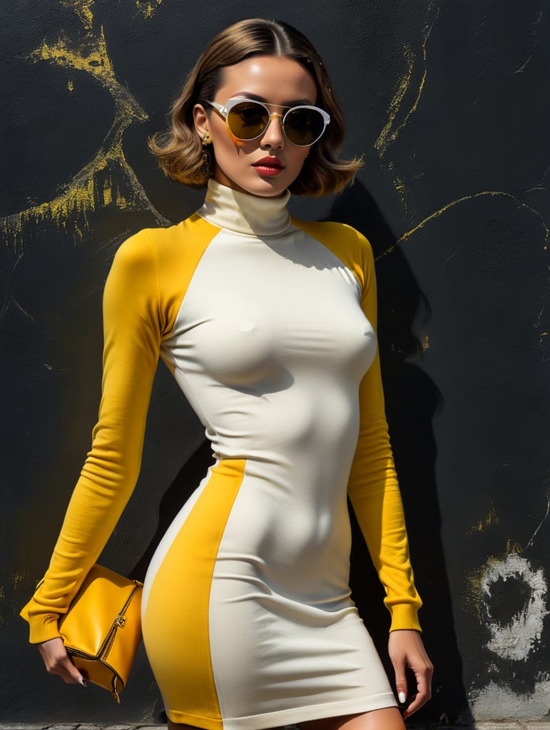 Front profile full body photography, in front of black wall, a hip hop 80's British model woman with 50's haircut, in a yellow and white turtleneck dress and large sunglasses, art by Sergio Lopez and Salvador Dali