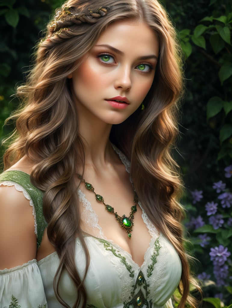 بنت عيونها خضو شعرها طويل جميله ورقيقه خلفه حديقة