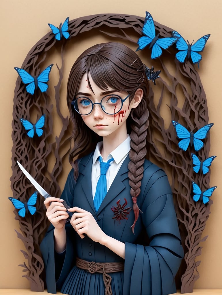 Anime, Brown hair long braided, blue eyes, glasses, holding knife, blood stained black clothes, 1girl, white skin, noose, graveyard, blue butterflies, creepy