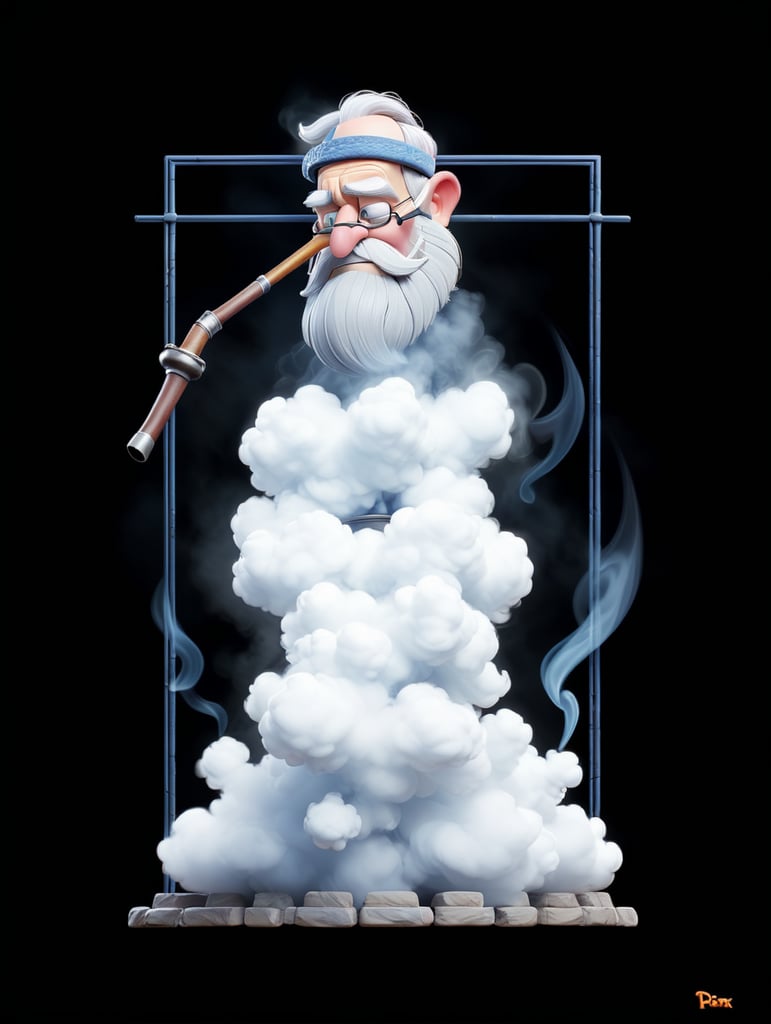 old wizard smoking a large pipe with a huge cloud of smoke above him, which turns into letters