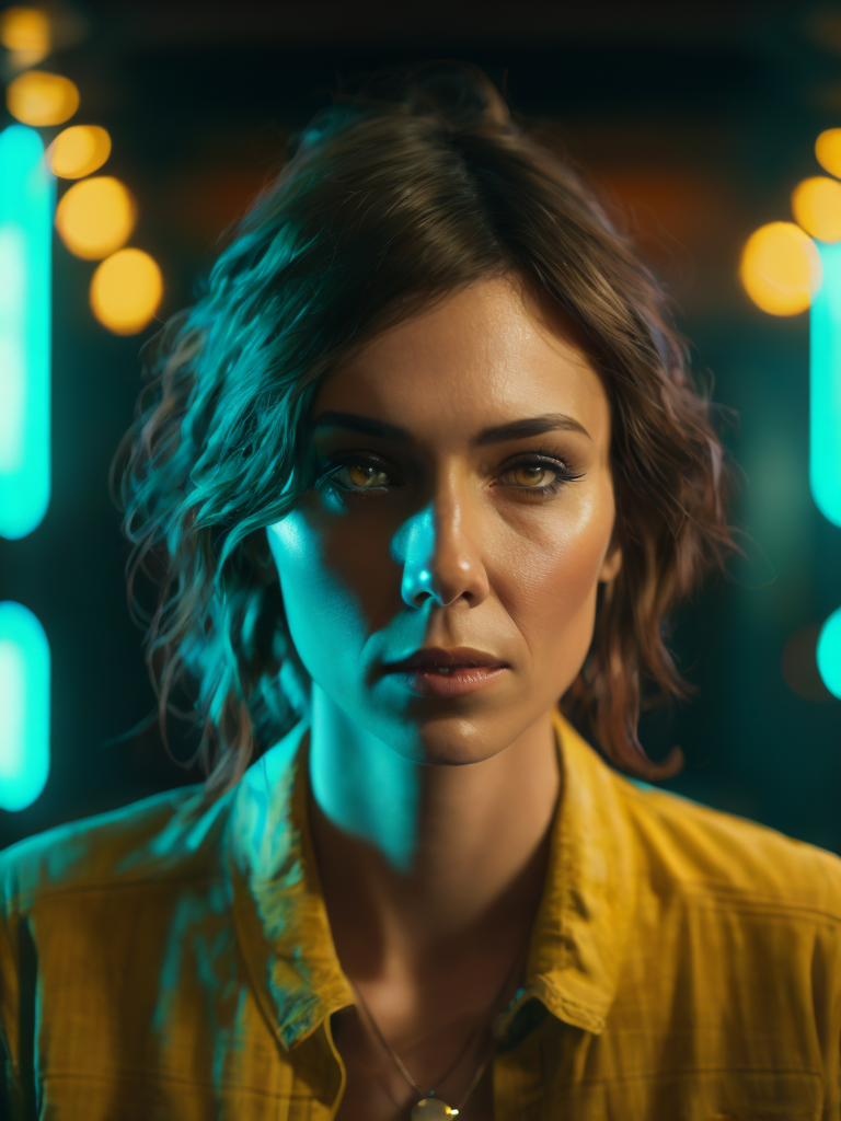 a women looks on the camera, yellow side lighting, focused gaze, canon 50 lens, focus on the face everything else is in blur, the blade runner scene.