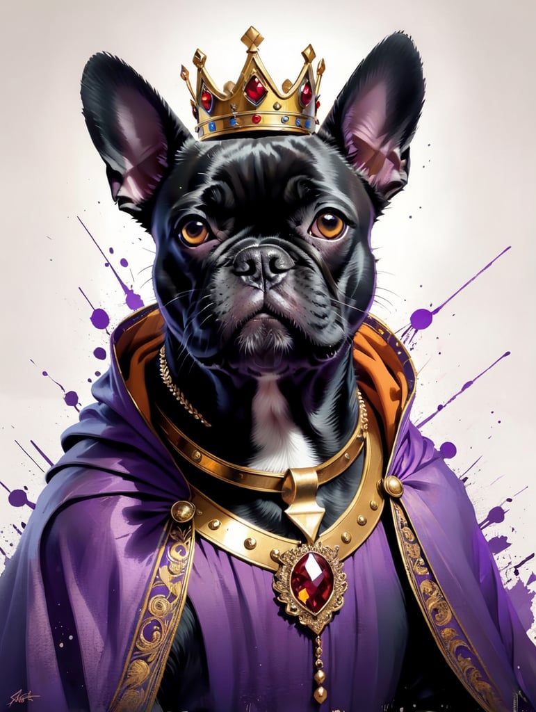 A black French bulldog, a white chest, and brown eyes in a royal purple cloak, wearing a crown painted in the style of a Raphael portrait