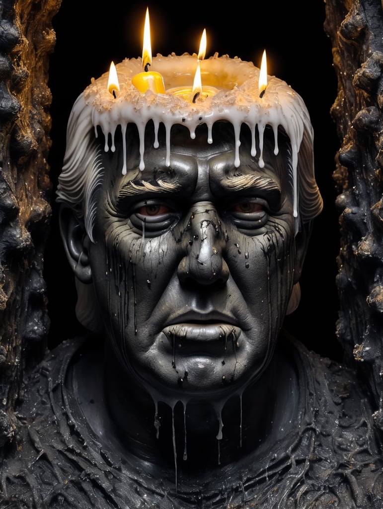 a photo of the scary Donald Trump, personification of grief covered with candles and hot wax, covering the face with its hands, black tears dripping from the cheeks, the whole statue is covered in dense cobwebs and grease, highly detailed, black isolated cave, tarnished, grunge, glowing cracks