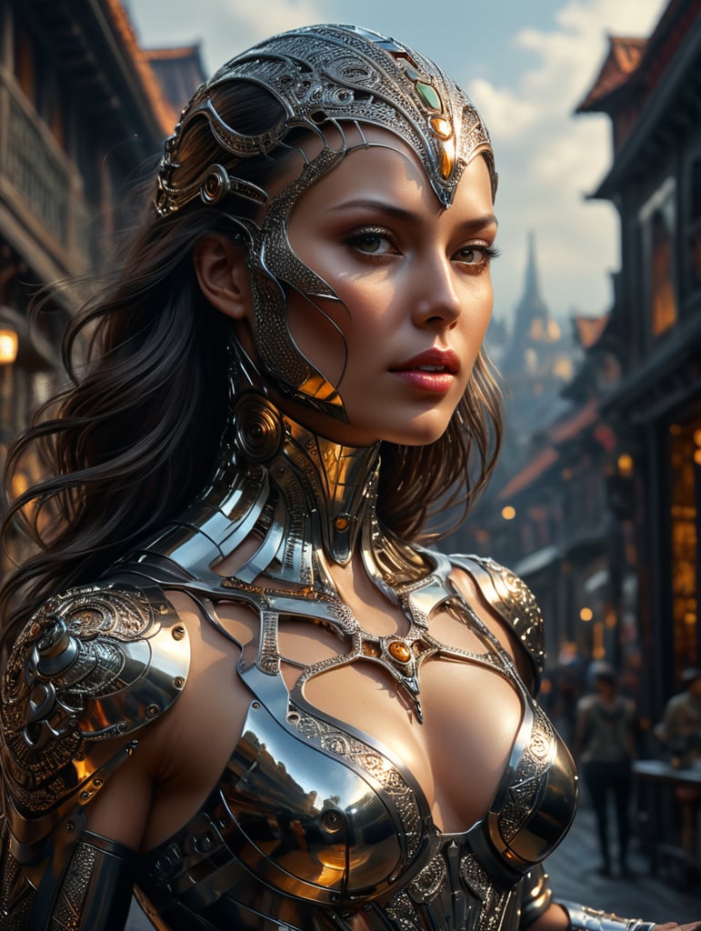 woman made of metal. her skin is made of metal and reflects the environment. she is shiny.