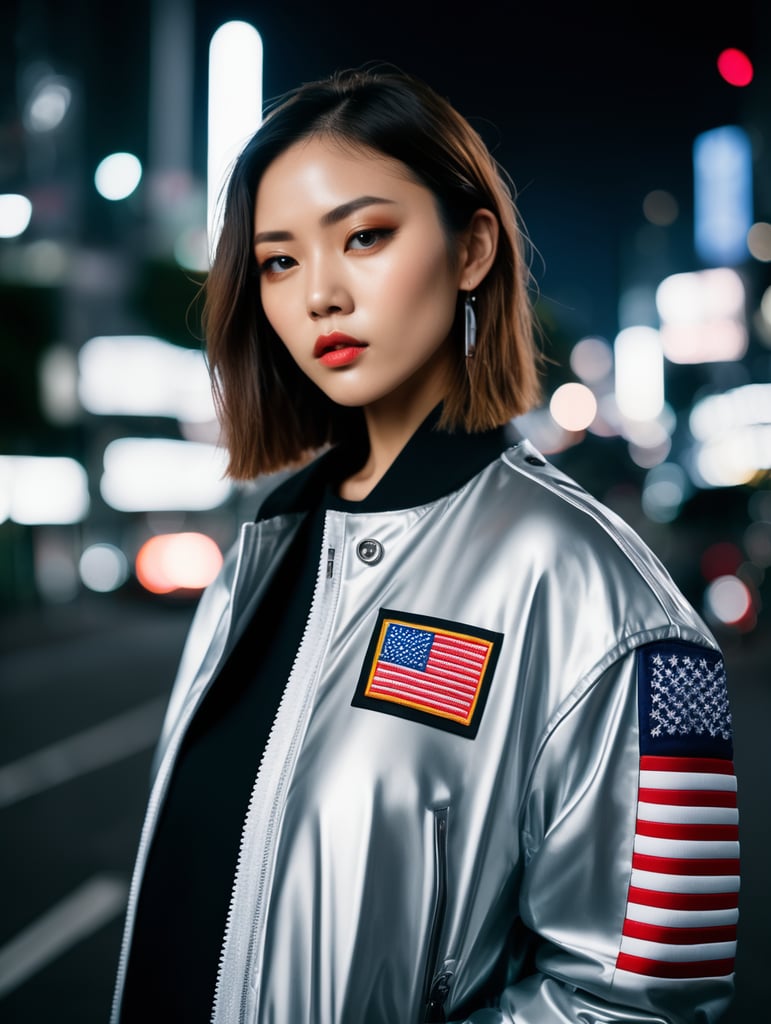 Silver kith jacket, american flag patch, futurist, shot in tokyo at night, shot on leica, fashion portrait, by kith