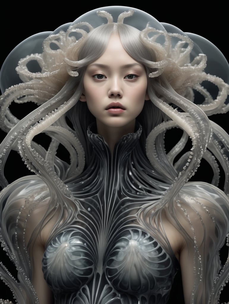 Jellyfish girl, image in the style of Iris van Herpen, black background