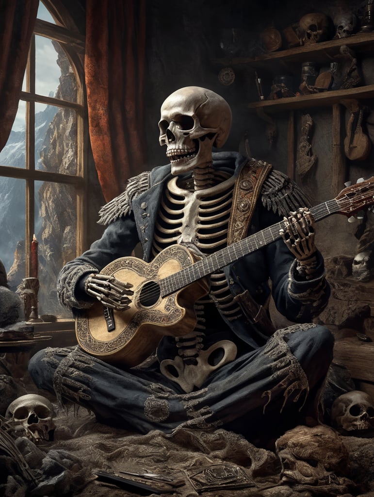 skeleton in mountaineer's clothes, playing the guitar, old skull illustration