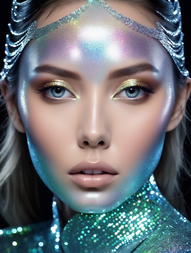 Mesmerizing Holographic face materials shimmer in motion, Photography in the style of Rankin