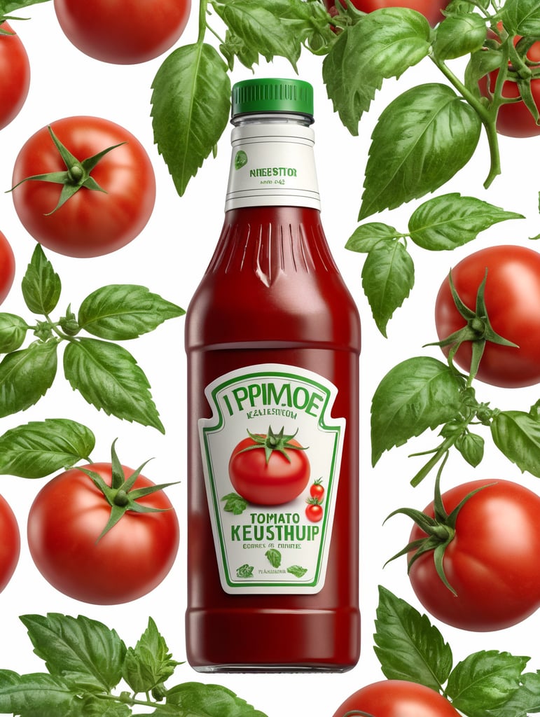 tomato ketchup bottle, red tomato with green leaves, isolated, white background