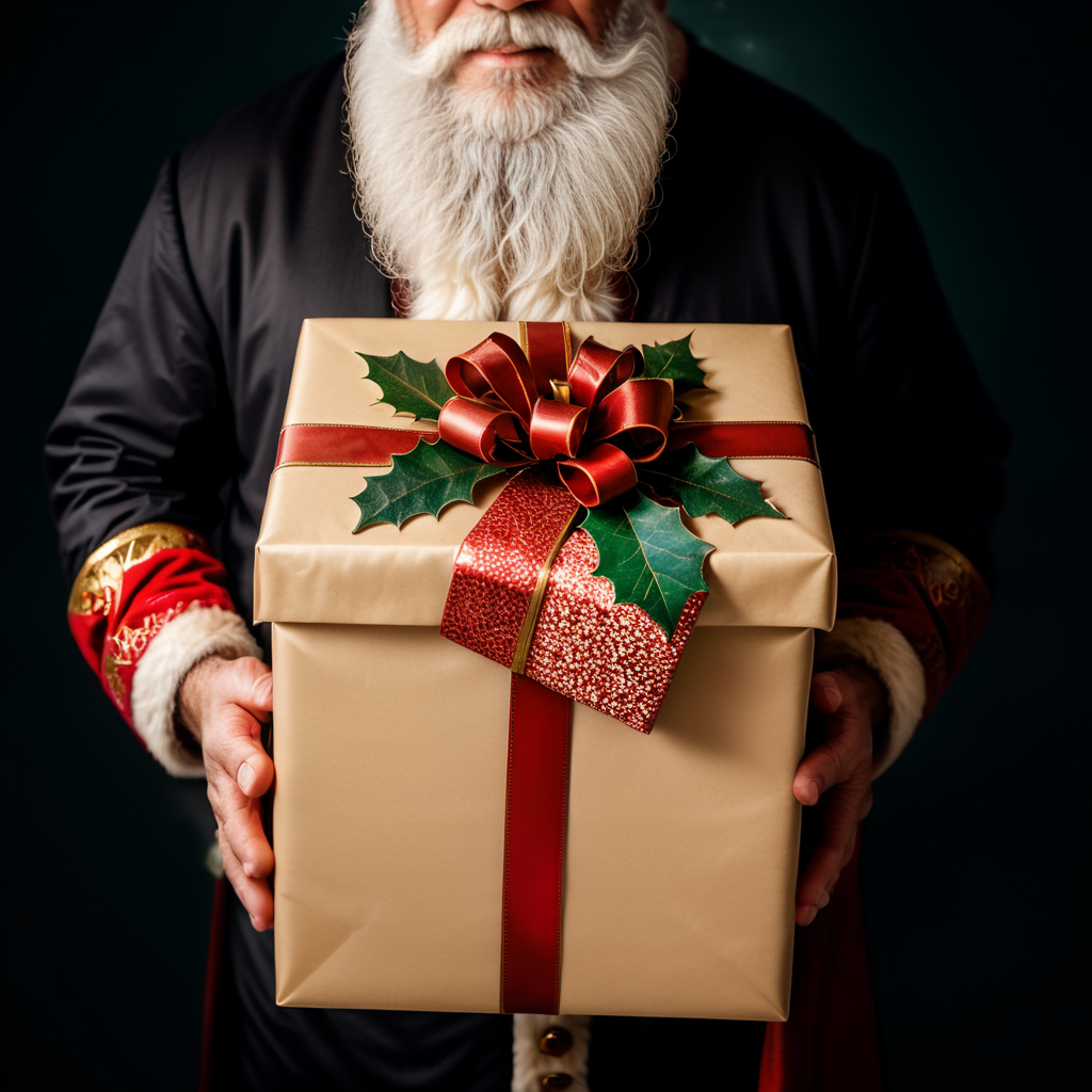 Father Christmas holding a Christmas present in the snow