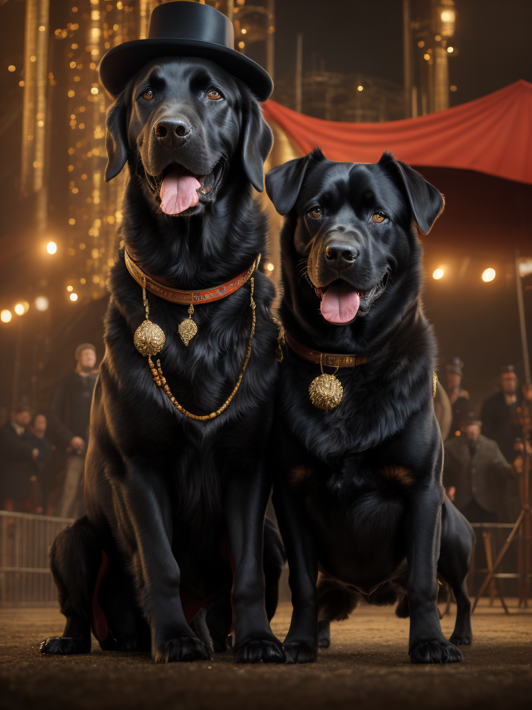 Two black labrador dogs in a circus. One dog is the ringmaster and is wearing a top hat. The other dog is being fired out of a cannon. There are lions in the background.