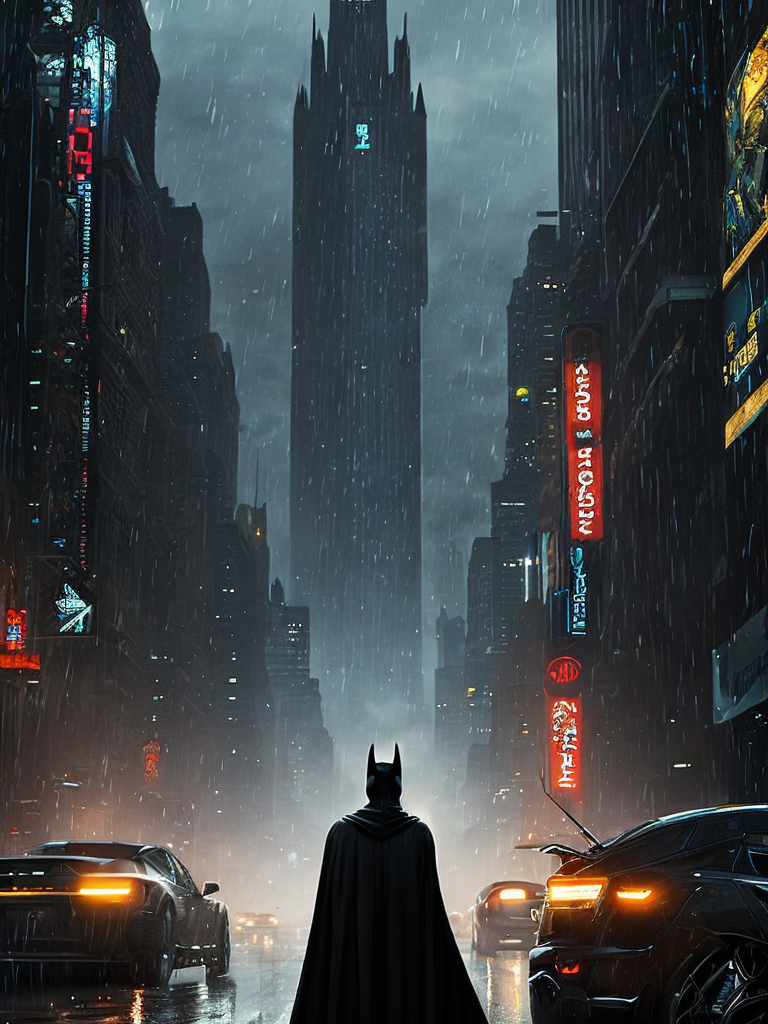 Batman in the setting of the movie Blade Runner walks in the rain