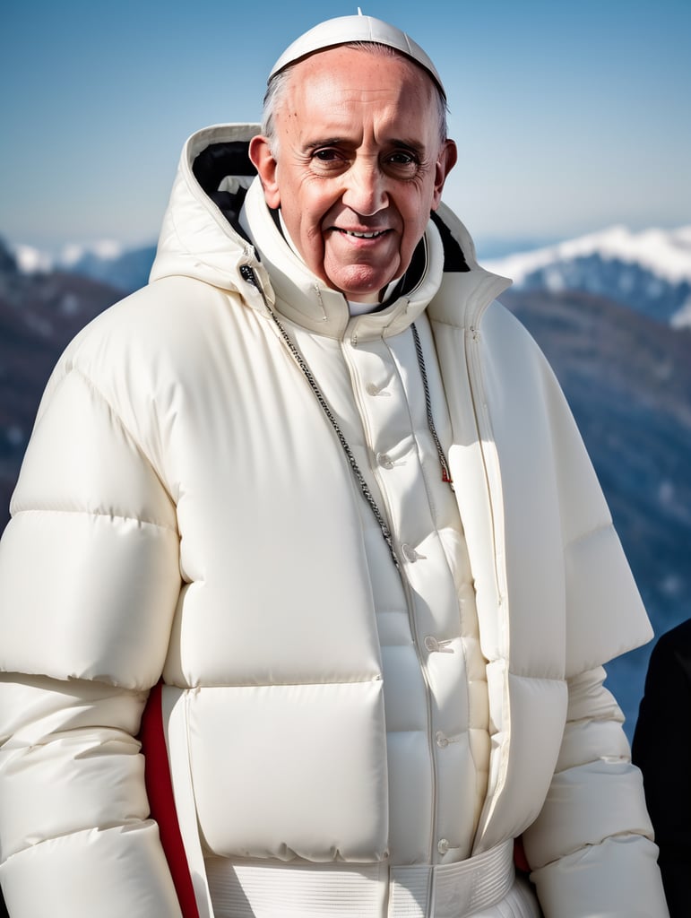 Professional photo of a glamour Pope Francis looking stylish in a white puffer jacket