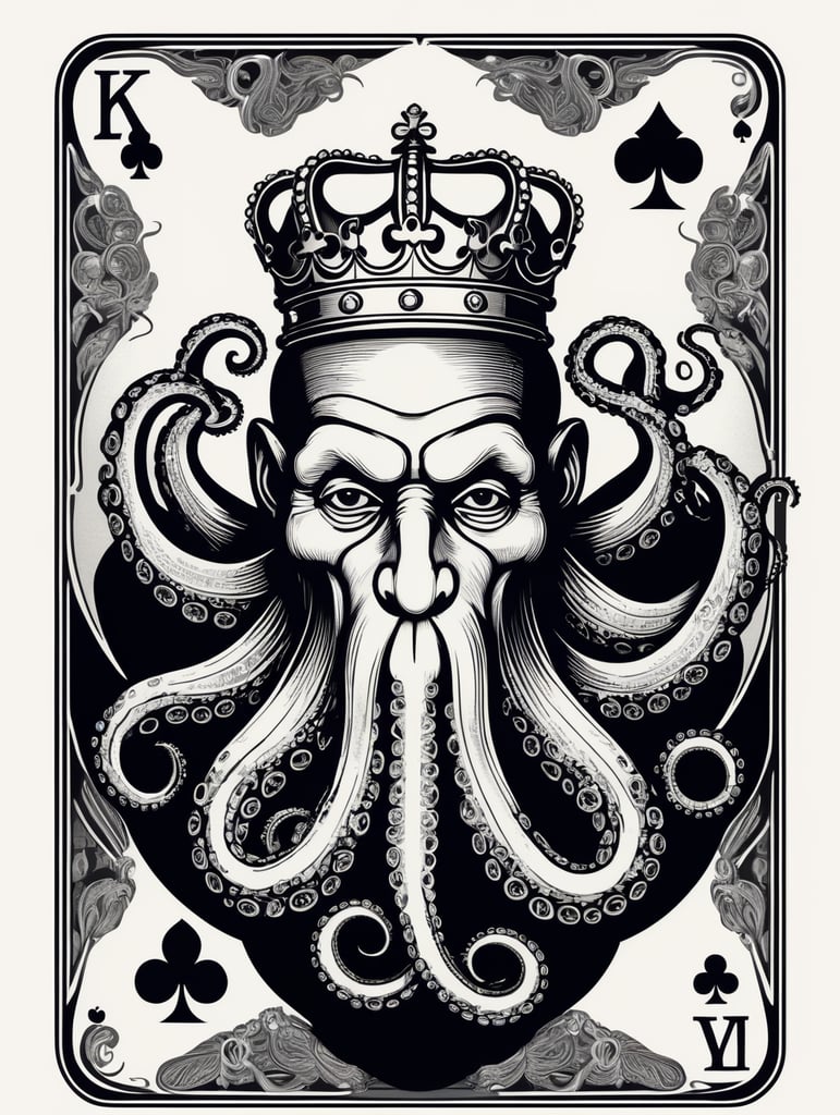 king octopus of clubs playing card, face card, linocut art style, black ink, ultra realism, simple lines, vector