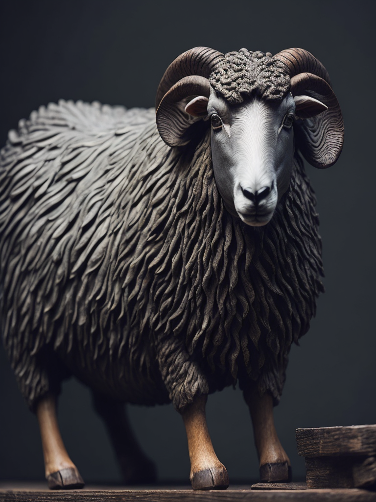 a wood carved sheep, deep carved details, black wood, deep atmosphere
