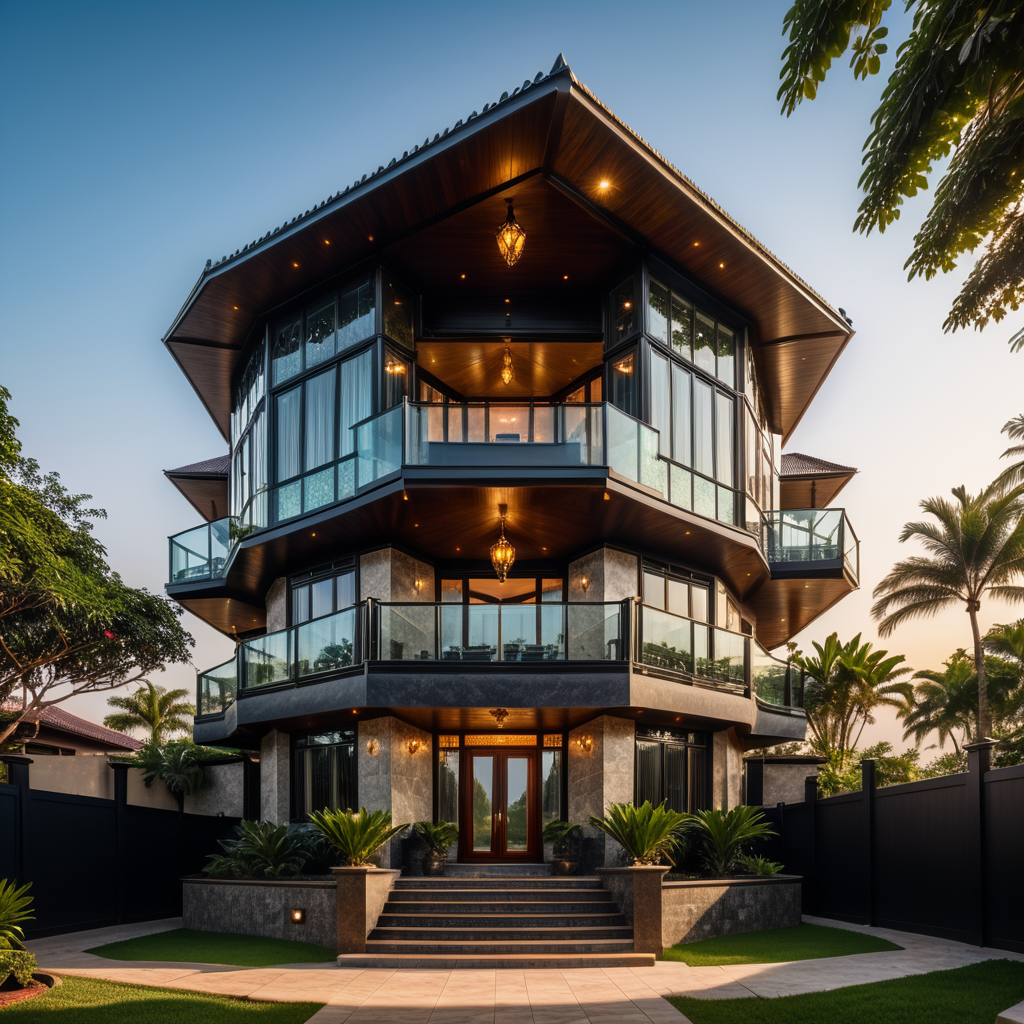 ultra real view for ultra luxury hexagonal shaped 3 floor Bunglow , award winning masterpiece with incredible details, epic stunning, ultra hd, realistic, highly detailed, perfect composition, , wide angle perspective camera view , high quality image ,beautiful detailed intricate insanely detailed octane render trending on artstation, 8k artistic photography, photorealistic concept art, soft natural volumetric cinematic perfect lightaward winning masterpiece with incredible details, epic stunning, front, cinematic lighting, symmetry, form, detailed, curved, crystal facade, trending on artstation, sharp focus, studio photo, intricate details, highly detailed, by greg