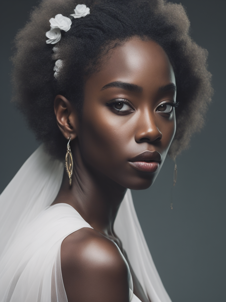 Portrait of a beautiful african american woman wearing a white wedding dress, by tran nguyen