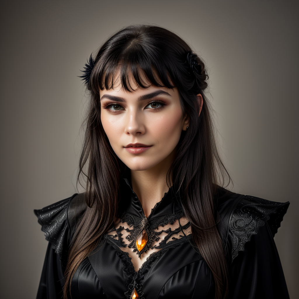nice pretty witch with bold black outfit, simple background, realistic lighting
