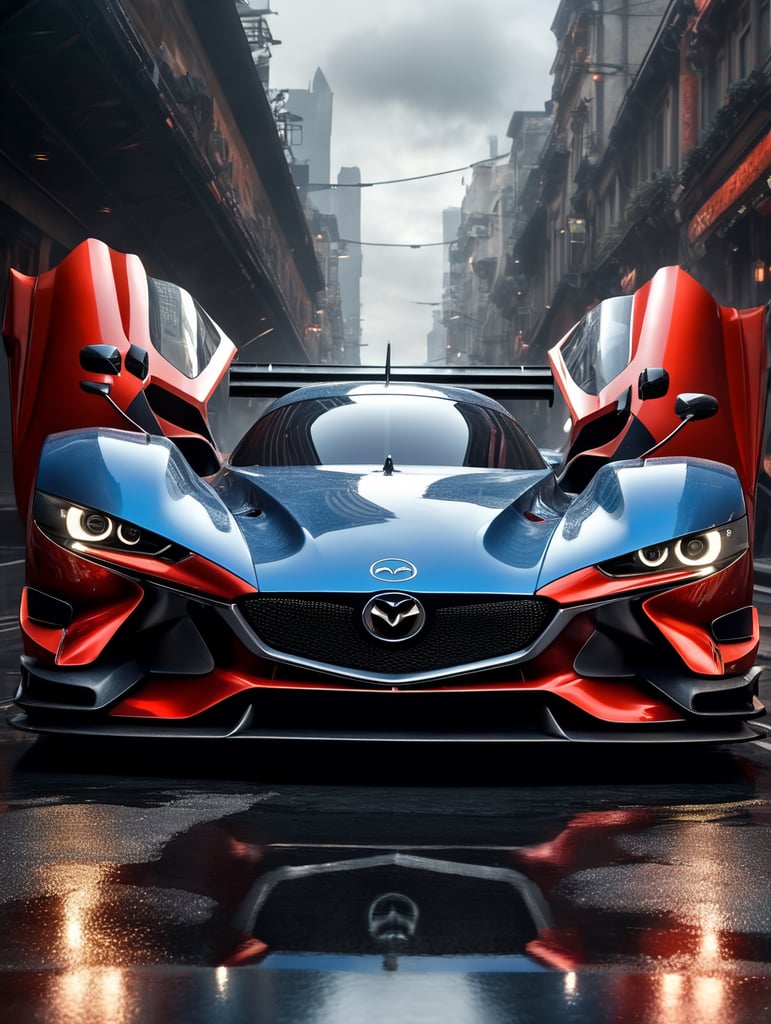 A video game visual of a frontal view of a futuristic Mazda Furai, dynamic composition, Asphalt 9 Legends style, incredible graphics, 4k