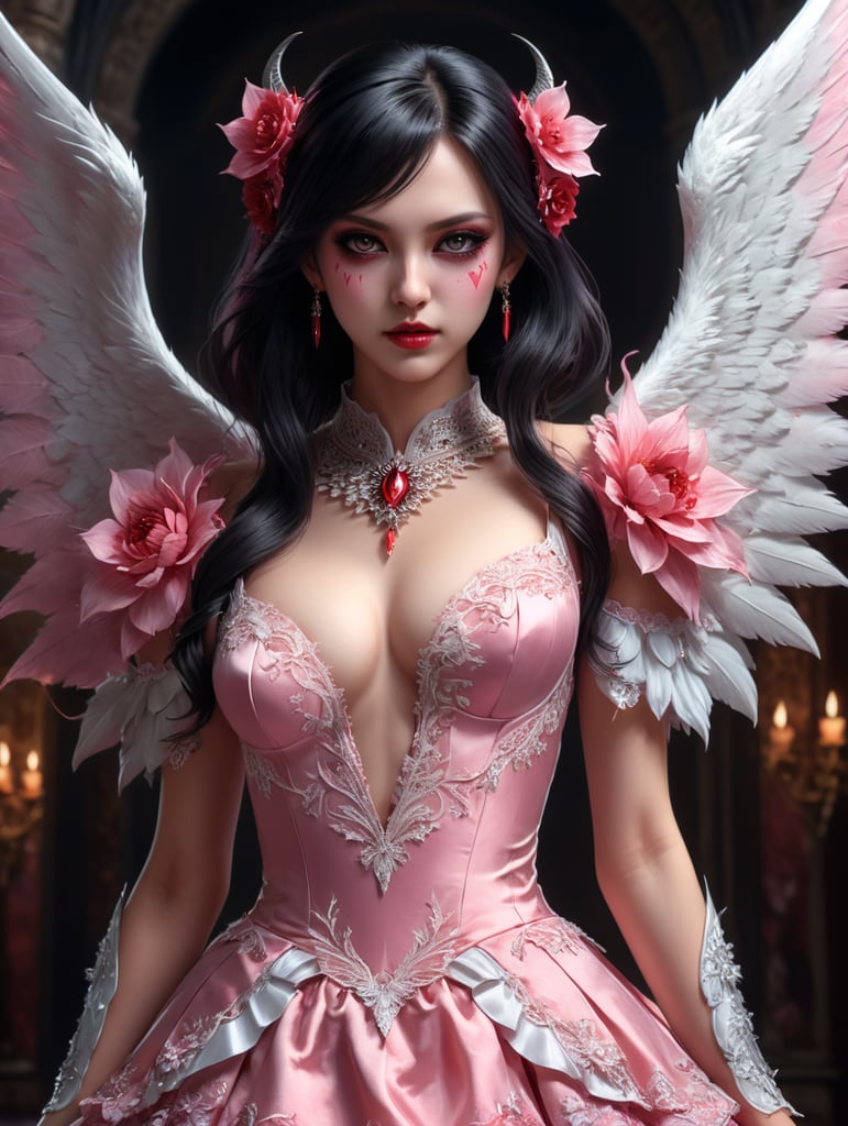 an anime vampire, pink dress with a flower design, black hair, one eye pink-one eye blue, white wings, red devil horns, a girl