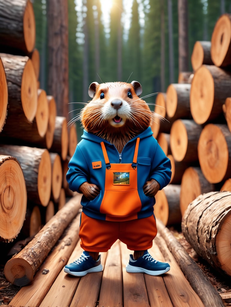 Extremely realistic beaver. in work clothes. in sneakers. against the background of sawn logs. volumetric lighting, maximalist photo illustrations, 8k concept art, meticulously detailed, complex, expansive, fantastical.