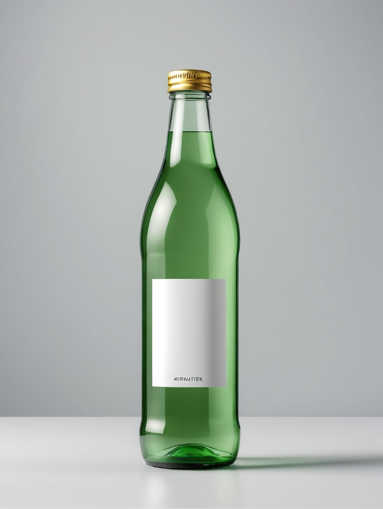 square Green glass bottle with mineral water mockup, no label, isolated, grey background