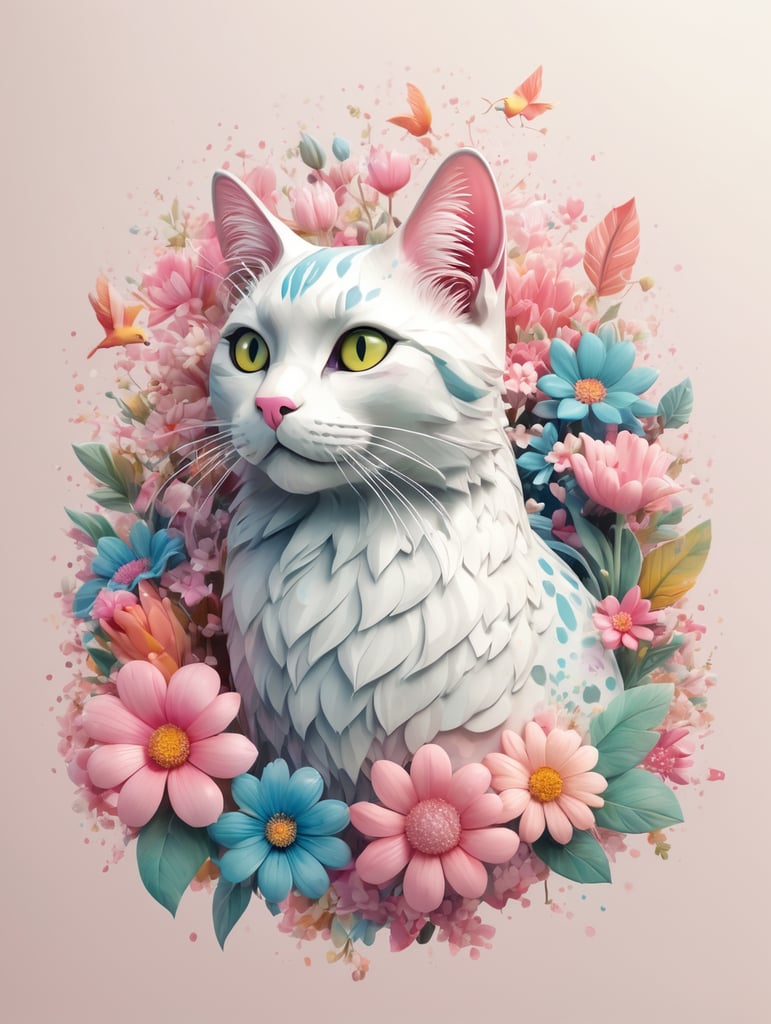 A detailed illustration of a print of a colorful cat, fantasy flowers splash, vintage t-shirt design, in the style of Studio Ghibli, light white and pink pastel tetradic colors, 3D vector art, cute and quirky, fantasy art, watercolor effect, bokeh, Adobe Illustrator, hand-drawn, digital painting, low-poly, soft lighting, bird's-eye view, isometric style, retro aesthetic, focusedon the character, 4K resolution, photorealistic rendering, usingCinema 4D